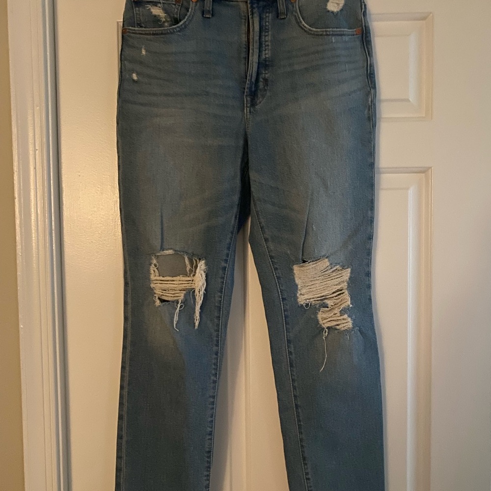 Madewell Blue Straight Leg Jeans with Distressed Details
